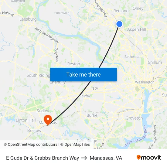 E Gude Dr & Crabbs Branch Way to Manassas, VA map