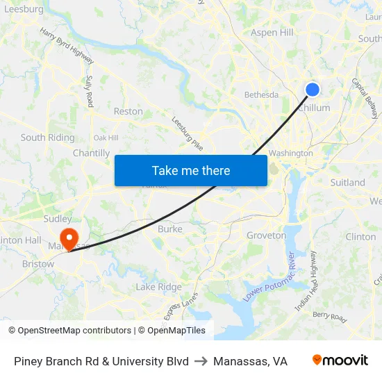 Piney Branch Rd & University Blvd to Manassas, VA map
