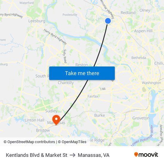 Kentlands Blvd & Market St to Manassas, VA map