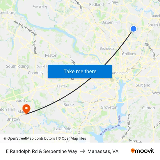 E Randolph Rd & Serpentine Way to Manassas, VA map