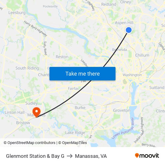 Glenmont Station & Bay G to Manassas, VA map