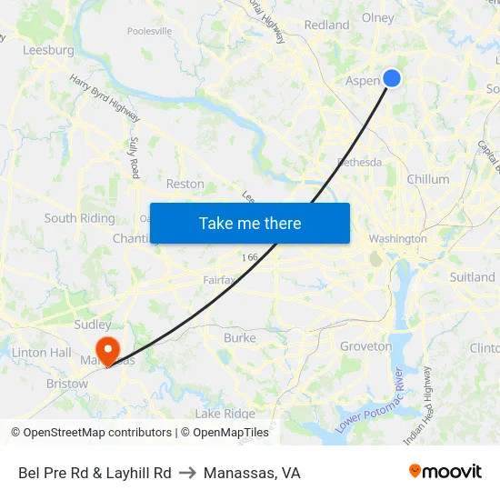 Bel Pre Rd & Layhill Rd to Manassas, VA map