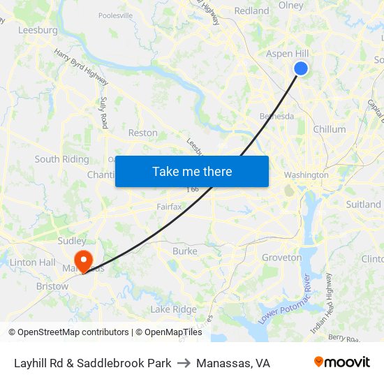 Layhill Rd & Saddlebrook Park to Manassas, VA map