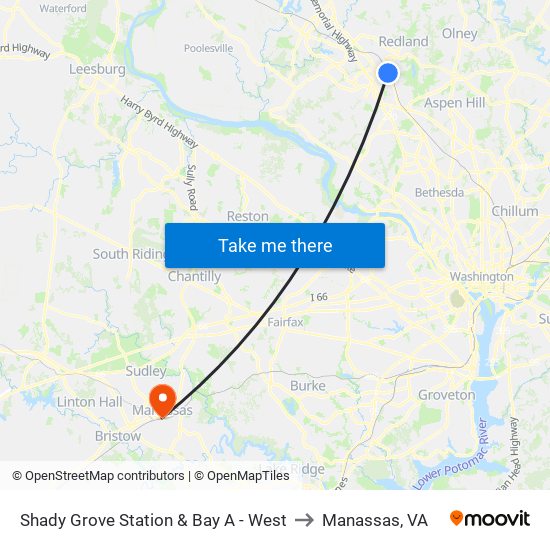 Shady Grove Station & Bay A - West to Manassas, VA map