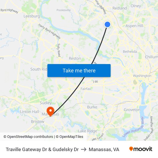 Traville Gateway Dr & Gudelsky Dr to Manassas, VA map