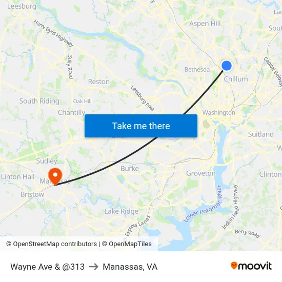 Wayne Ave & @313 to Manassas, VA map