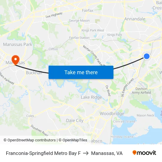 Franconia-Springfield Metro Bay F to Manassas, VA map