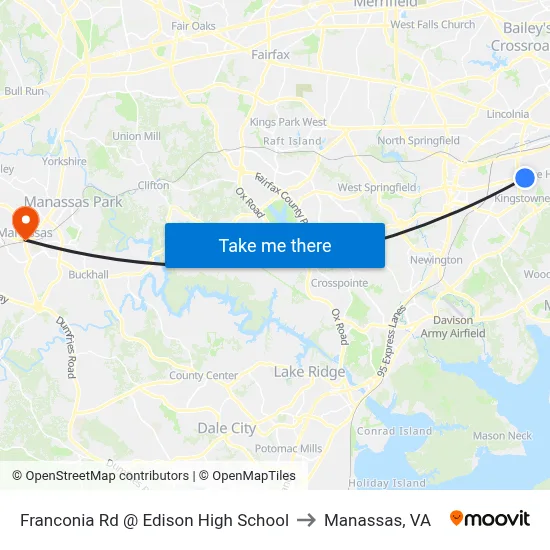 Franconia Rd @ Edison High School to Manassas, VA map