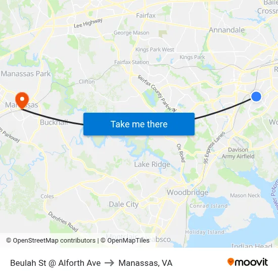 Beulah St @ Alforth Ave to Manassas, VA map