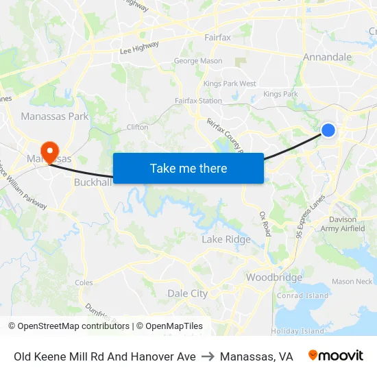 Old Keene Mill Rd @ Hanover Ave to Manassas, VA map