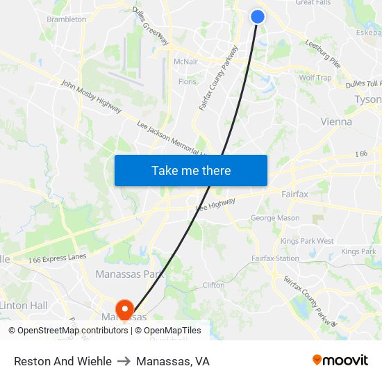 Reston And Wiehle to Manassas, VA map