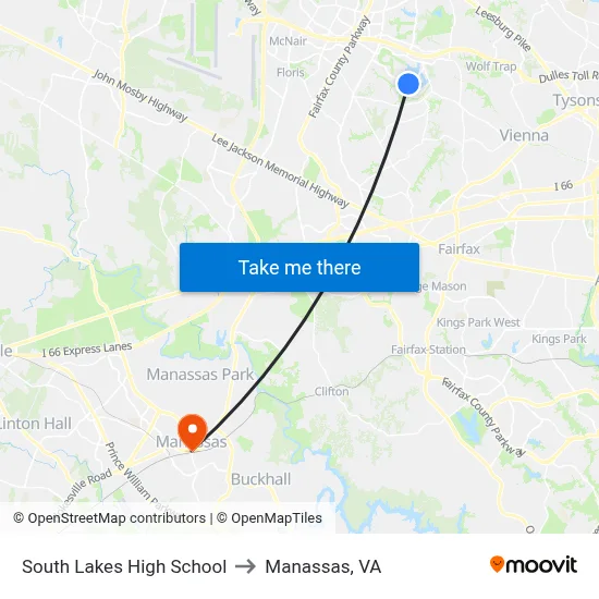 South Lakes High School to Manassas, VA map