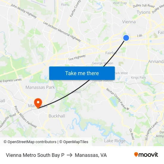 Vienna Metro South Bay P to Manassas, VA map