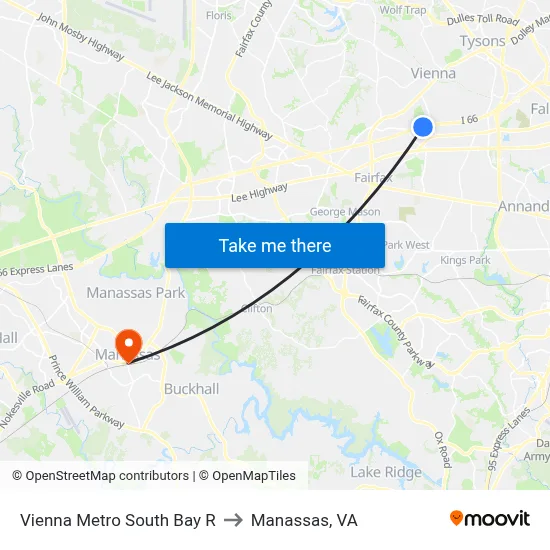 Vienna Metro South Bay R to Manassas, VA map