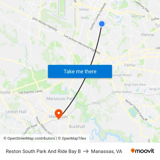 Reston South Park And Ride Bay B to Manassas, VA map