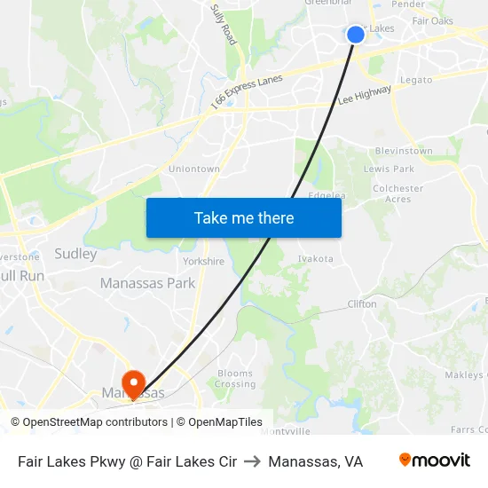 Fair Lakes Pkwy @ Fair Lakes Cir to Manassas, VA map