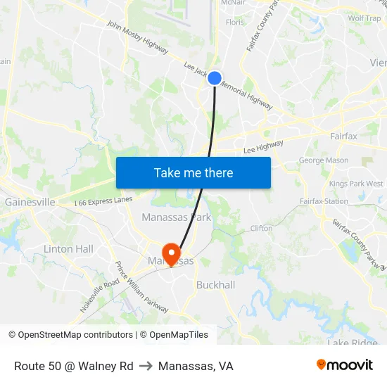 Route 50 @ Walney Rd to Manassas, VA map