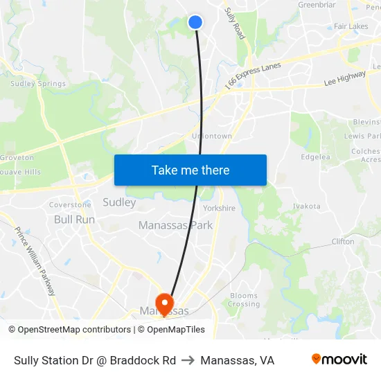 Sully Station Dr @ Braddock Rd to Manassas, VA map