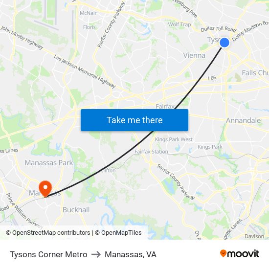 Tysons Corner Metro to Manassas, VA map