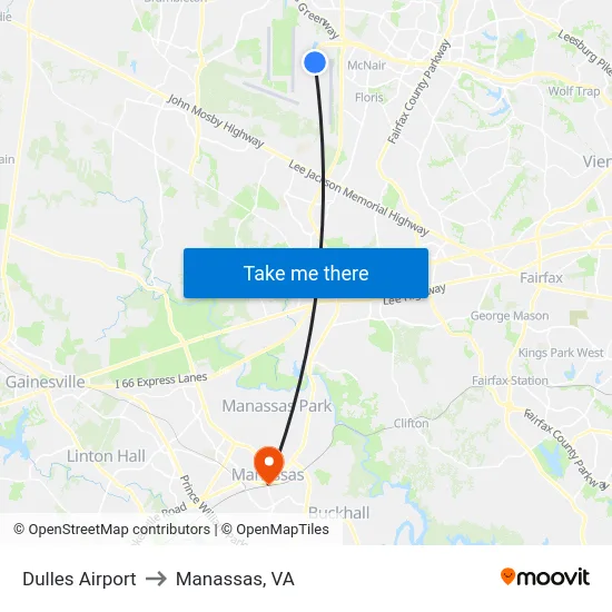 Dulles Airport to Manassas, VA map