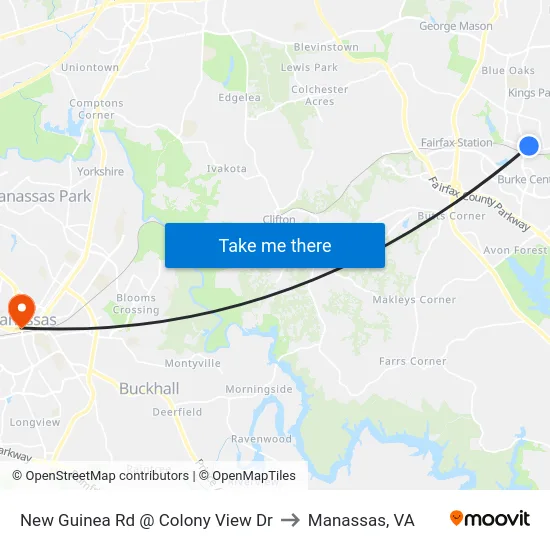 New Guinea Rd @ Colony View Dr to Manassas, VA map