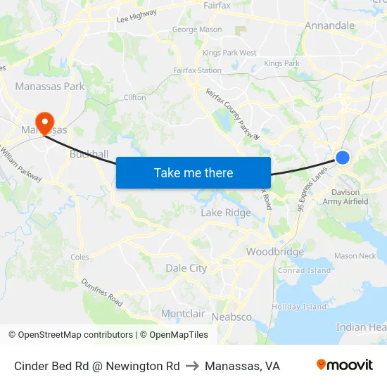 Cinder Bed Rd @ Newington Rd to Manassas, VA map