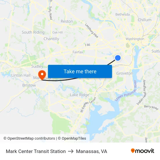 Mark Center Transit Station to Manassas, VA map