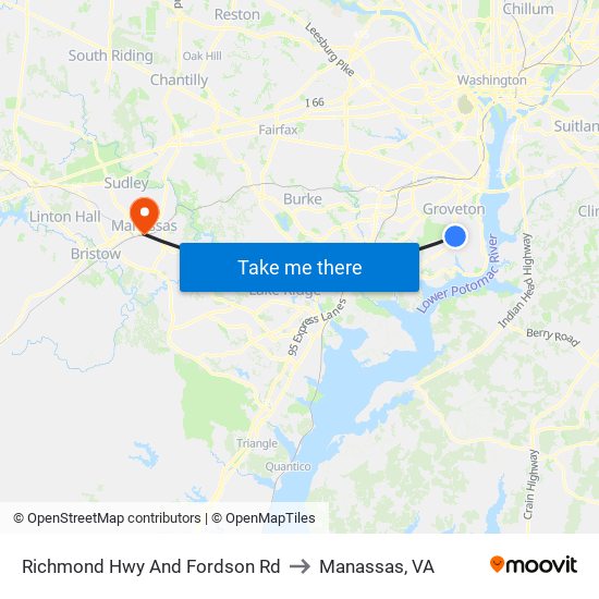 Richmond Hwy And Fordson Rd to Manassas, VA map