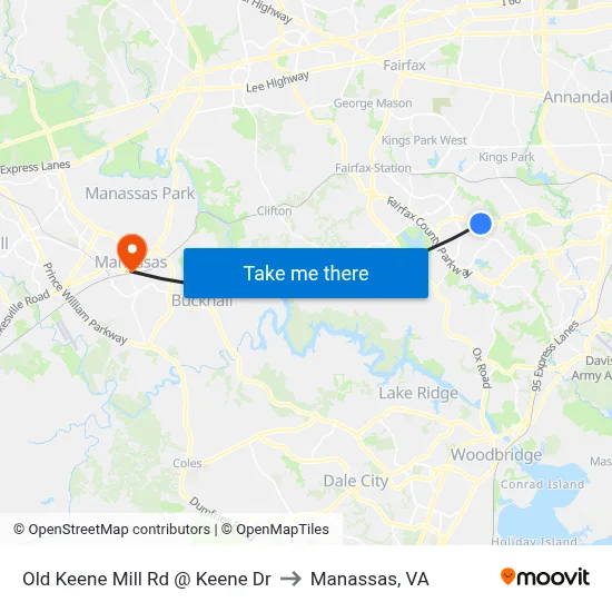 Old Keene Mill Rd @ Keene Dr to Manassas, VA map