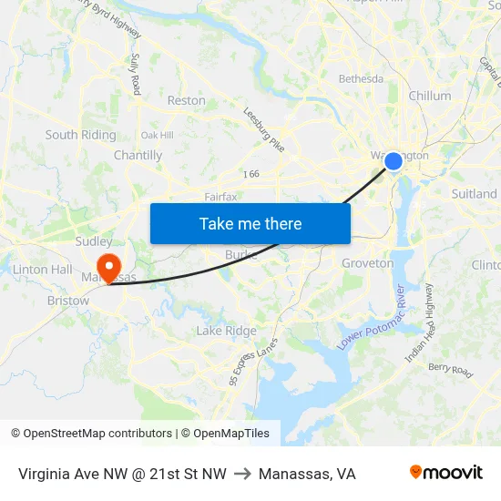 Virginia Ave NW @ 21st St NW to Manassas, VA map