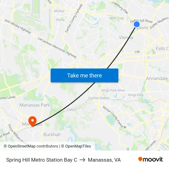 Spring Hill Metro Station Bay C to Manassas, VA map