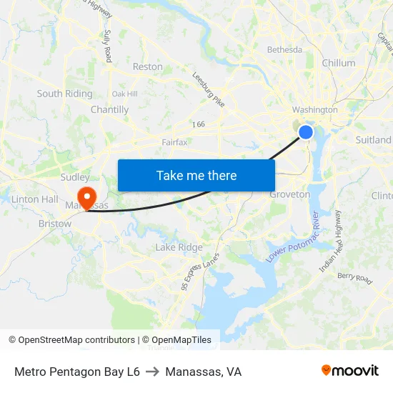 Metro Pentagon Bay L6 to Manassas, VA map