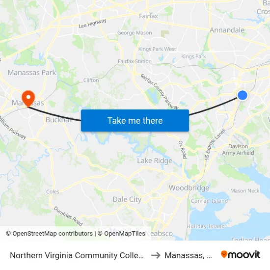 Northern Virginia Community College to Manassas, VA map