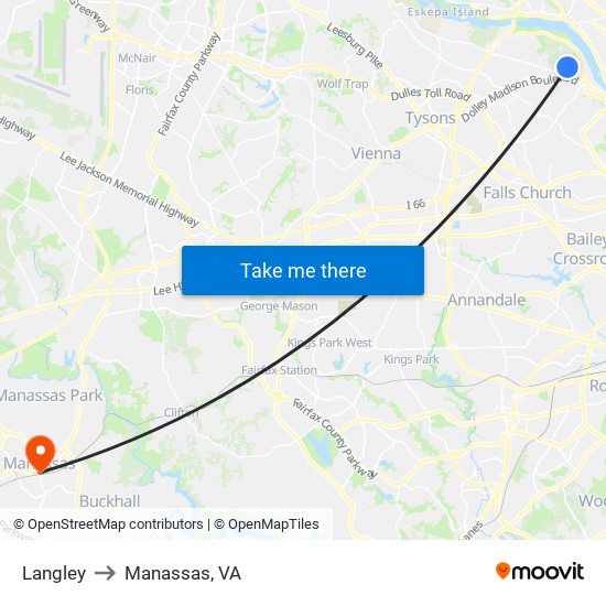 Langley to Manassas, VA map