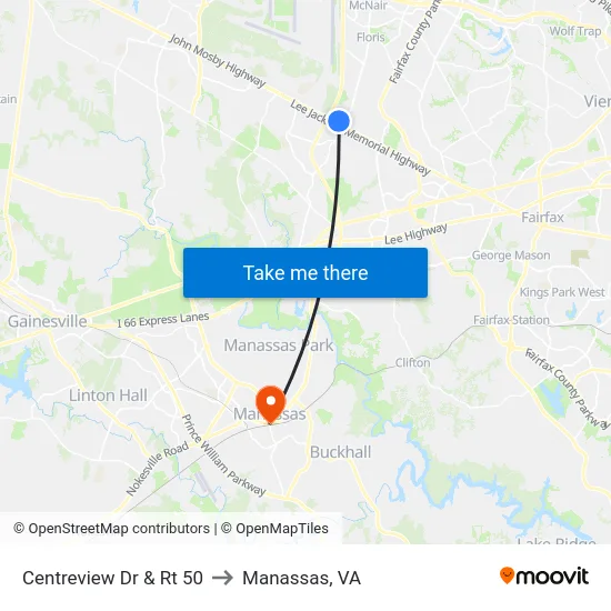 Centreview Dr & Rt 50 to Manassas, VA map