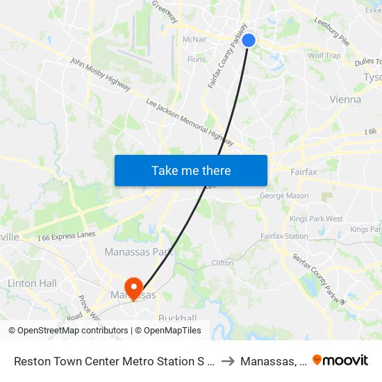 Reston Town Center Metro Station S Bay B to Manassas, VA map