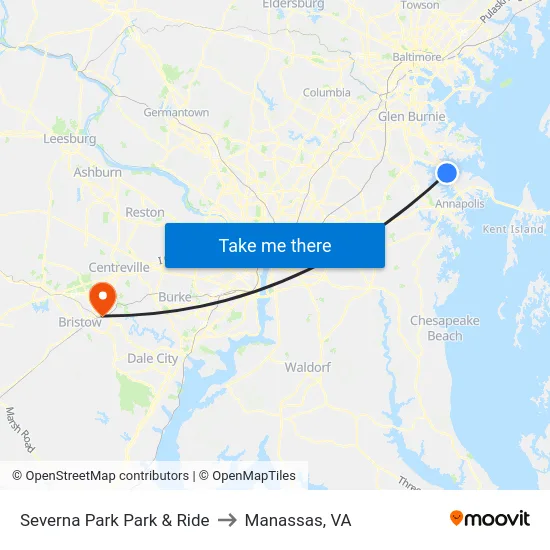 Severna Park Park & Ride to Manassas, VA map