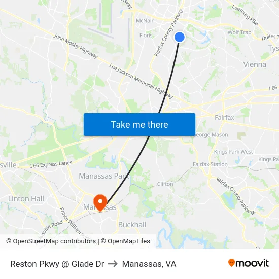 Reston Pkwy @ Glade Dr to Manassas, VA map