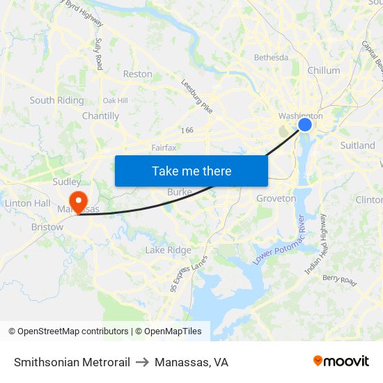 Smithsonian Metrorail to Manassas, VA map