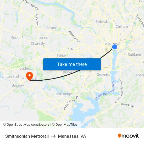 Smithsonian Metrorail to Manassas, VA map