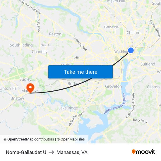 Noma-Gallaudet U to Manassas, VA map