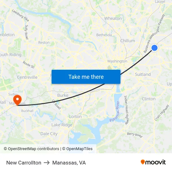 New Carrollton to Manassas, VA map