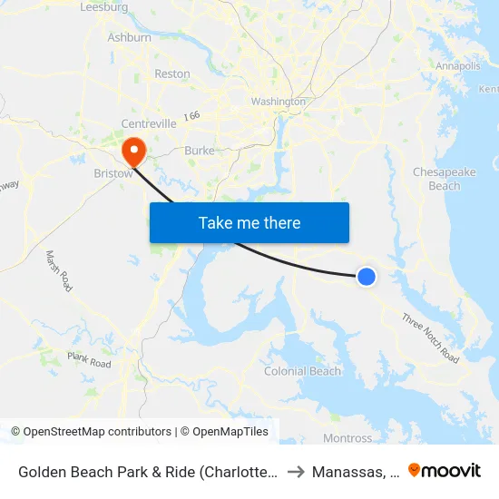 Golden Beach Park & Ride (Charlotte Hall) to Manassas, VA map