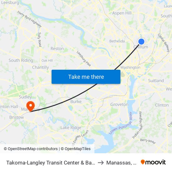 Takoma-Langley Transit Center & Bay E to Manassas, VA map