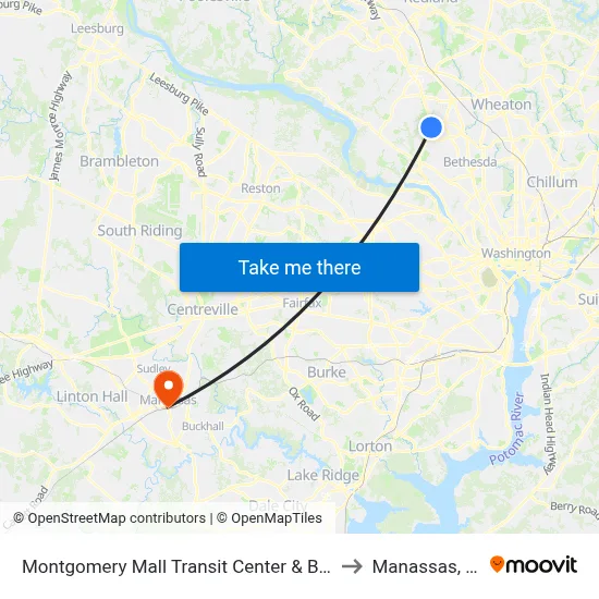 Montgomery Mall Transit Center & Bay A to Manassas, VA map