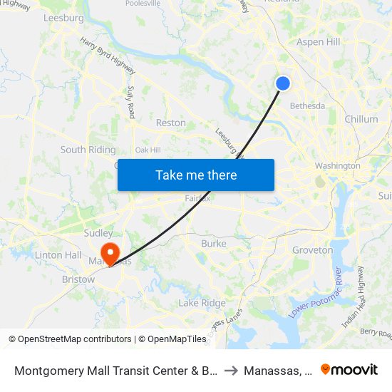 Montgomery Mall Transit Center & Bay D to Manassas, VA map