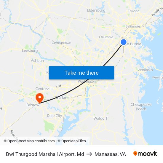 Bwi Thurgood Marshall  Airport, Md to Manassas, VA map