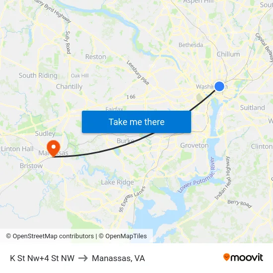 K St Nw+4 St NW to Manassas, VA map
