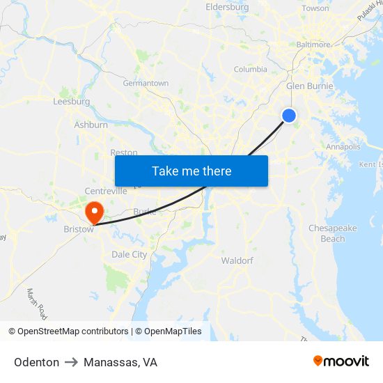 Odenton to Manassas, VA map