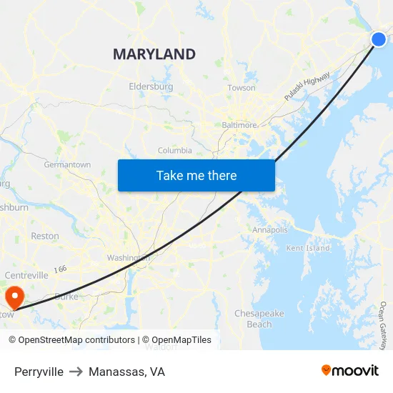 Perryville to Manassas, VA map